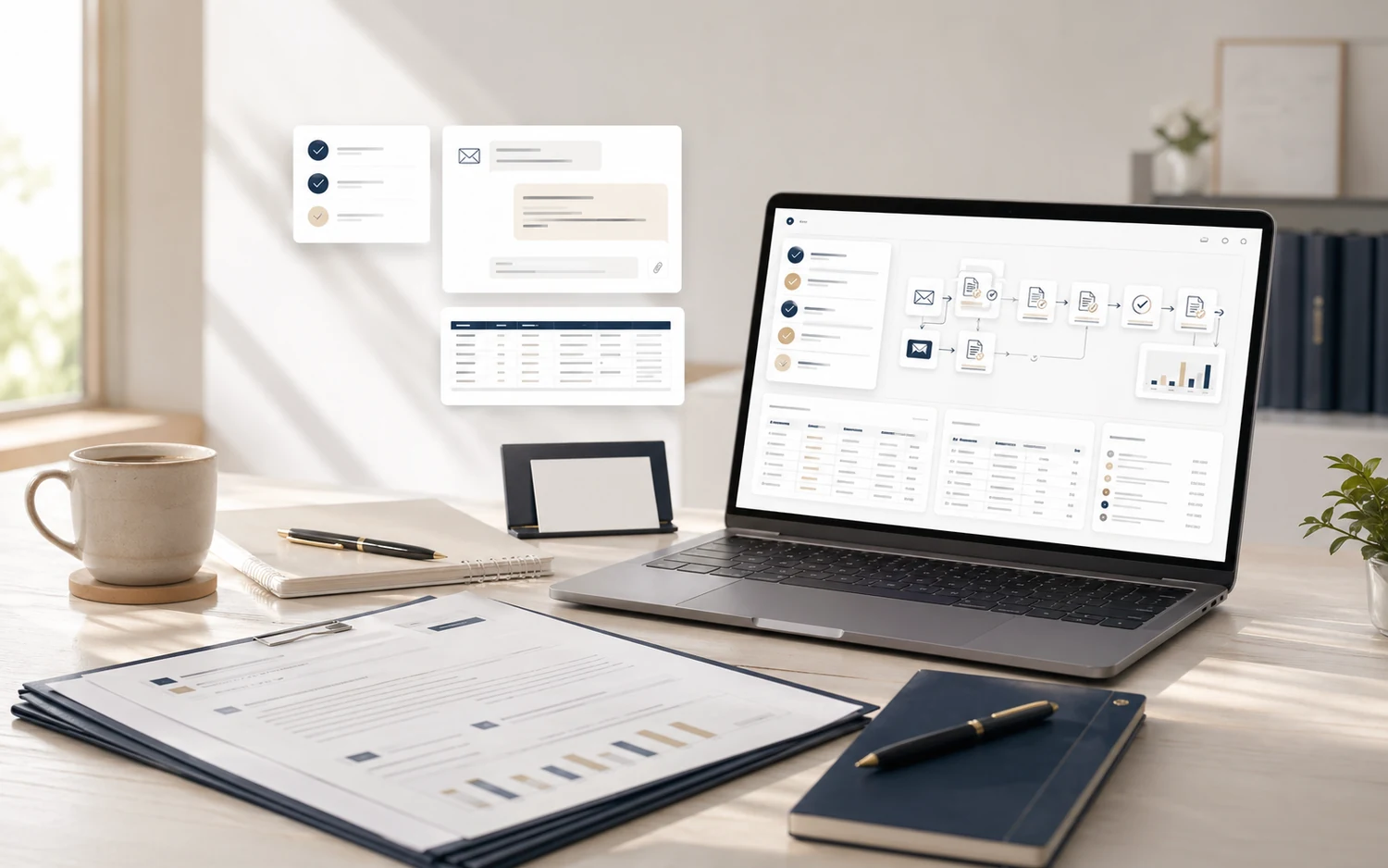 ノートPCに業務フロー、承認チェック、問い合わせ整理、集計表が表示され、机上に提案書やノートが置かれたフリーランス受託開発の信頼感を伝えるビジュアル