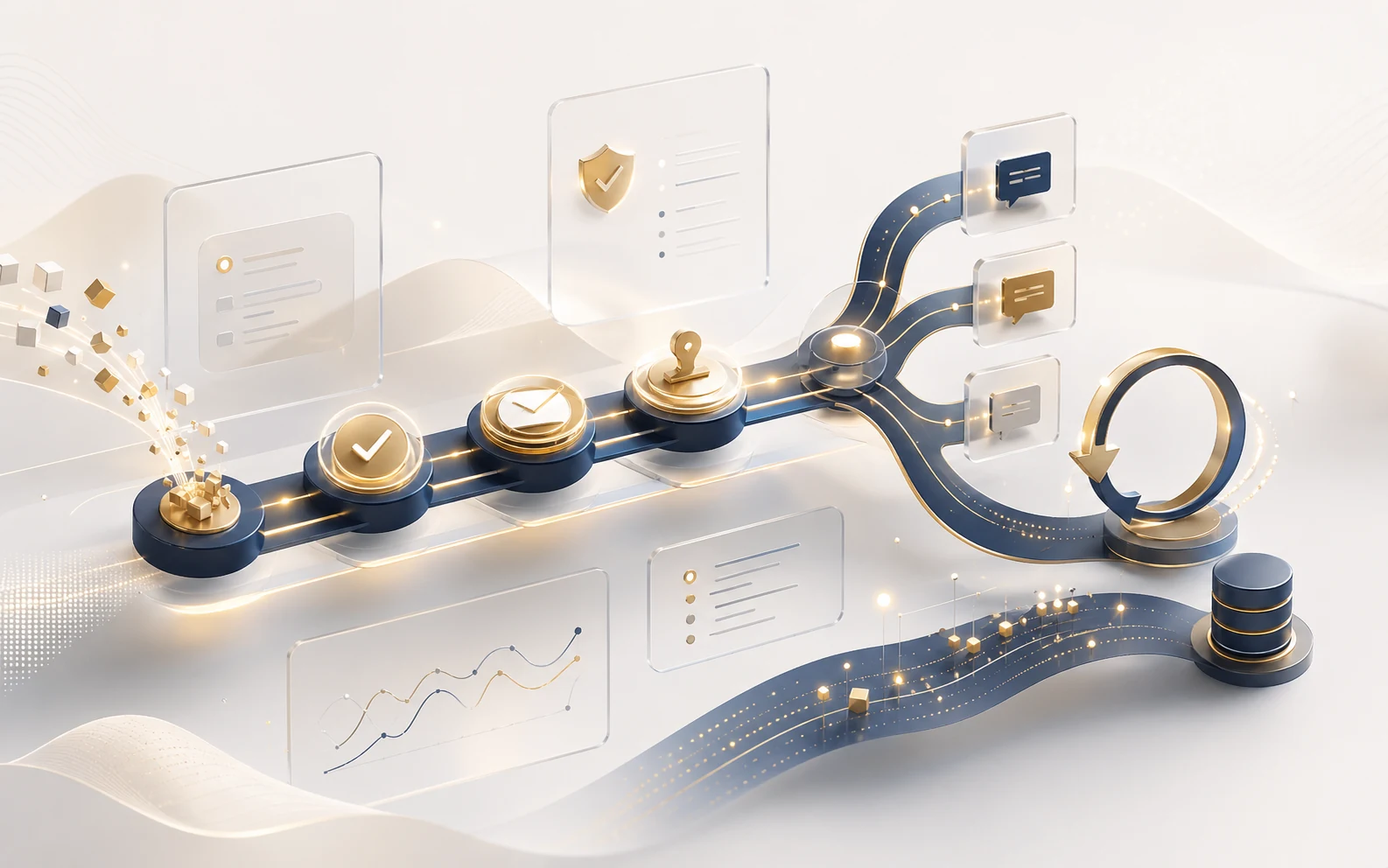 承認チェック、返信分岐、監査ログ、再実行ループを表現したAI営業運用ワークフローの高品質ビジュアル