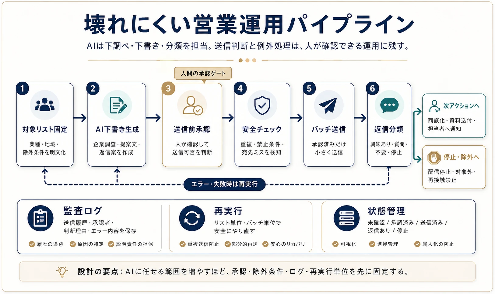 対象リスト固定、AI下書き生成、送信前承認、安全チェック、バッチ送信、返信分類、監査ログ、再実行、状態管理をつないだ営業運用パイプライン図
